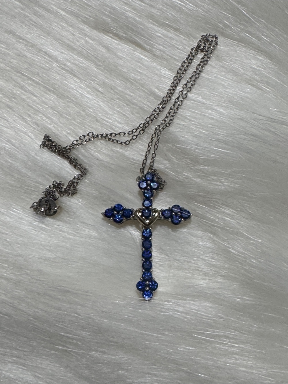 Blue Sapphire Cross  Necklace with 10K Heart and 925 silver.